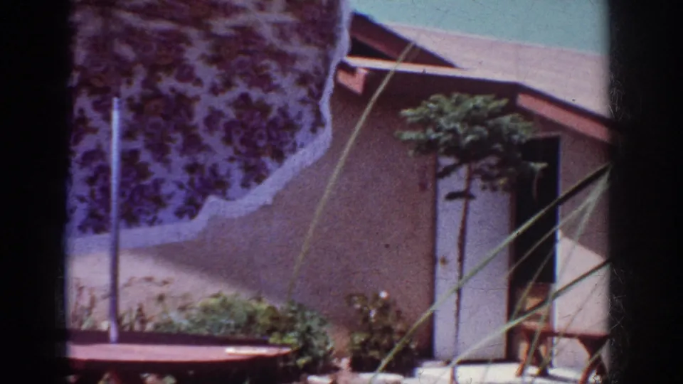 1962 backyard view with the umbrella partly cropped, a stucco house entrance, lawn, roofline, and planted garden area.