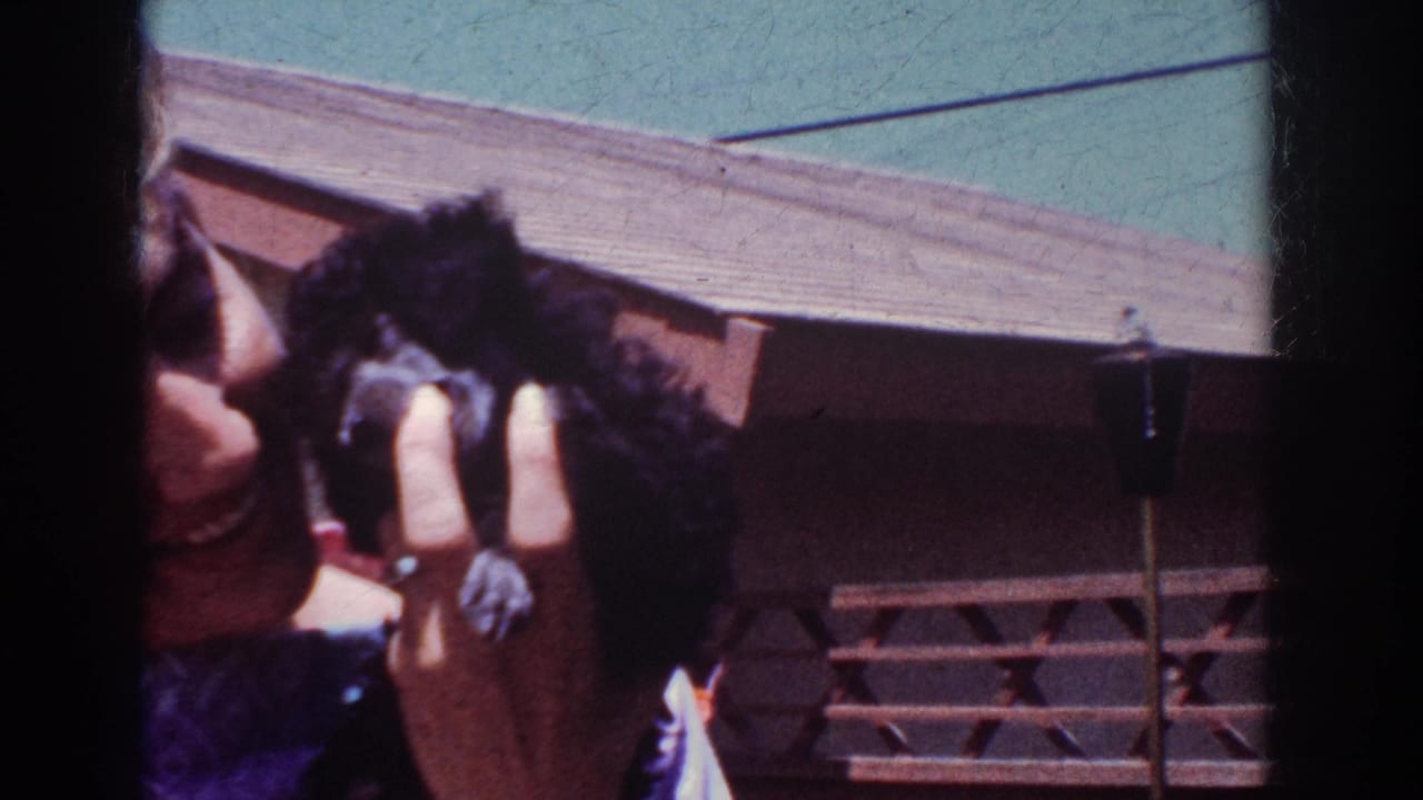 1962 Yorba Linda frame with a smiling person holding a small black poodle puppy against a wood-sided outdoor background.