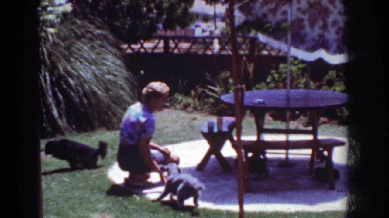 In Yorba Linda, California, 1962 home-movie footage, a woman kneels on a patio near small dogs under a backyard umbrella.