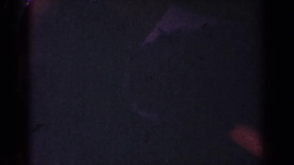 Mostly shadowed 1962 home-movie frame with a furniture edge and faint movement from a small dog in the living room.