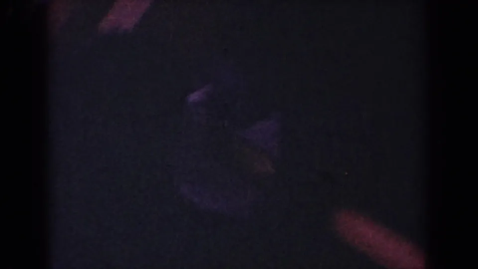 1962 Yorba Linda home-movie frame with a dog barely visible in low light against red and purple reflections.