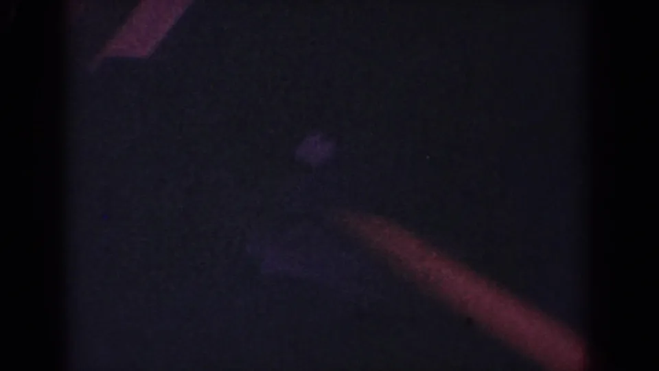 Dark 1962 home-movie frame with a moving dog shape and red reflections across the lower portion.