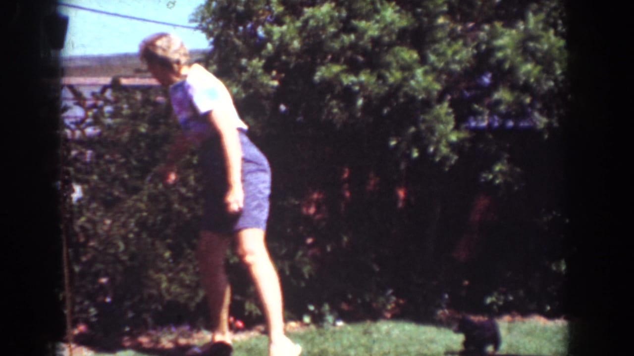 In the supplied 1962 Yorba Linda home movie, a woman bends in a sunny backyard while a small dark dog watches near the hedge.