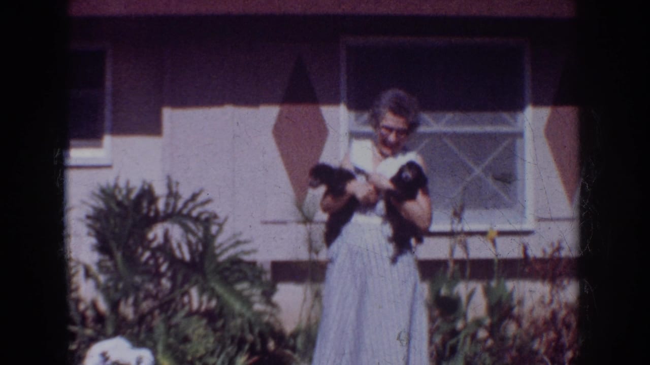 Woman in a light striped dress holds two small black dogs in a garden before a house window.