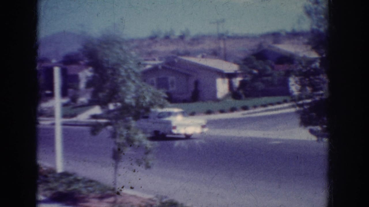 White car passing a small tree and single-story houses on a curved street.
