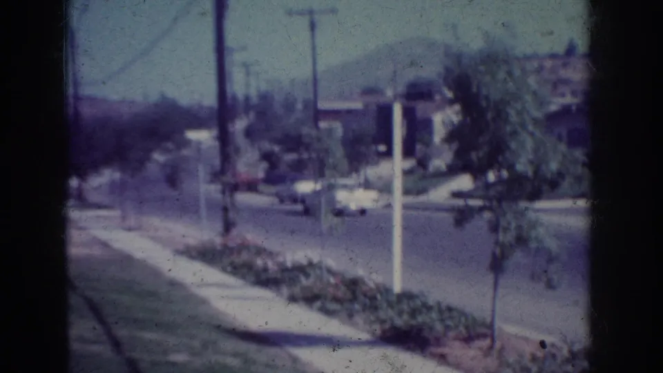 Yorba Linda residential street view showing sidewalks, lawns, utility poles, trees, and low houses as the car moves out of frame.