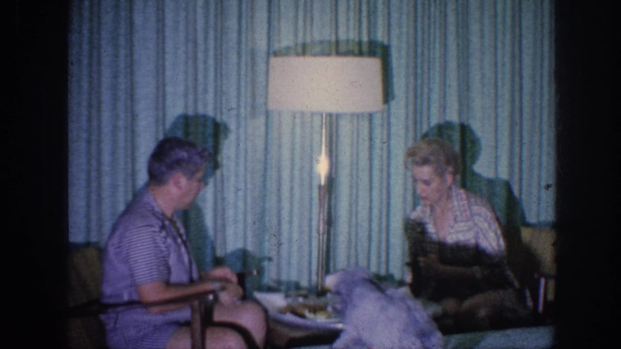 Two seated adult women and a small light-colored dog near a low table in a curtained living room.