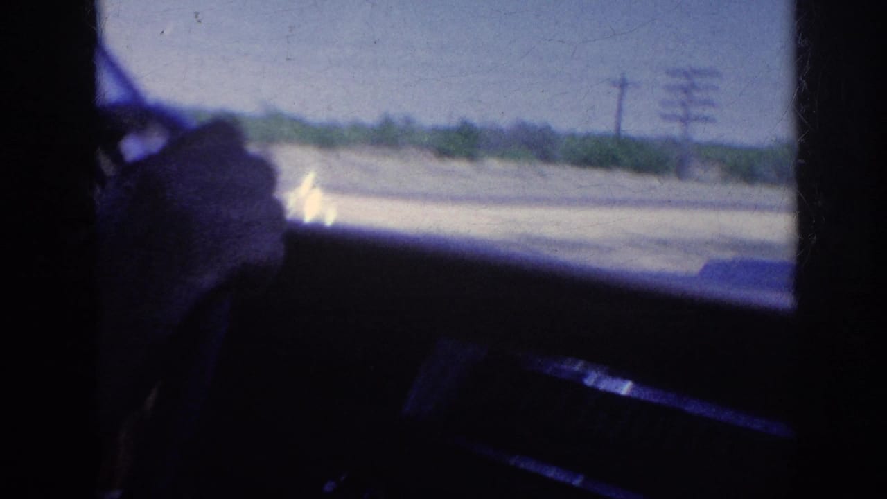 Dark car interior with a hand near the steering wheel and a blurred roadside view through the windshield.