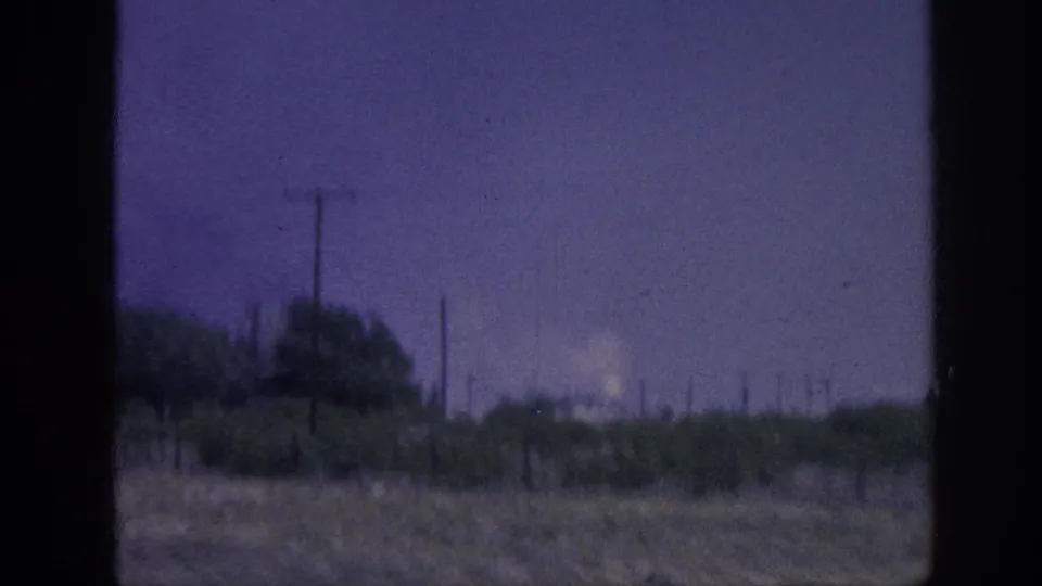 Side-window vehicle shot showing roadside scrub vegetation, utility and telegraph poles, and ground-level haze or smoke, circa 1963 Southern United States.