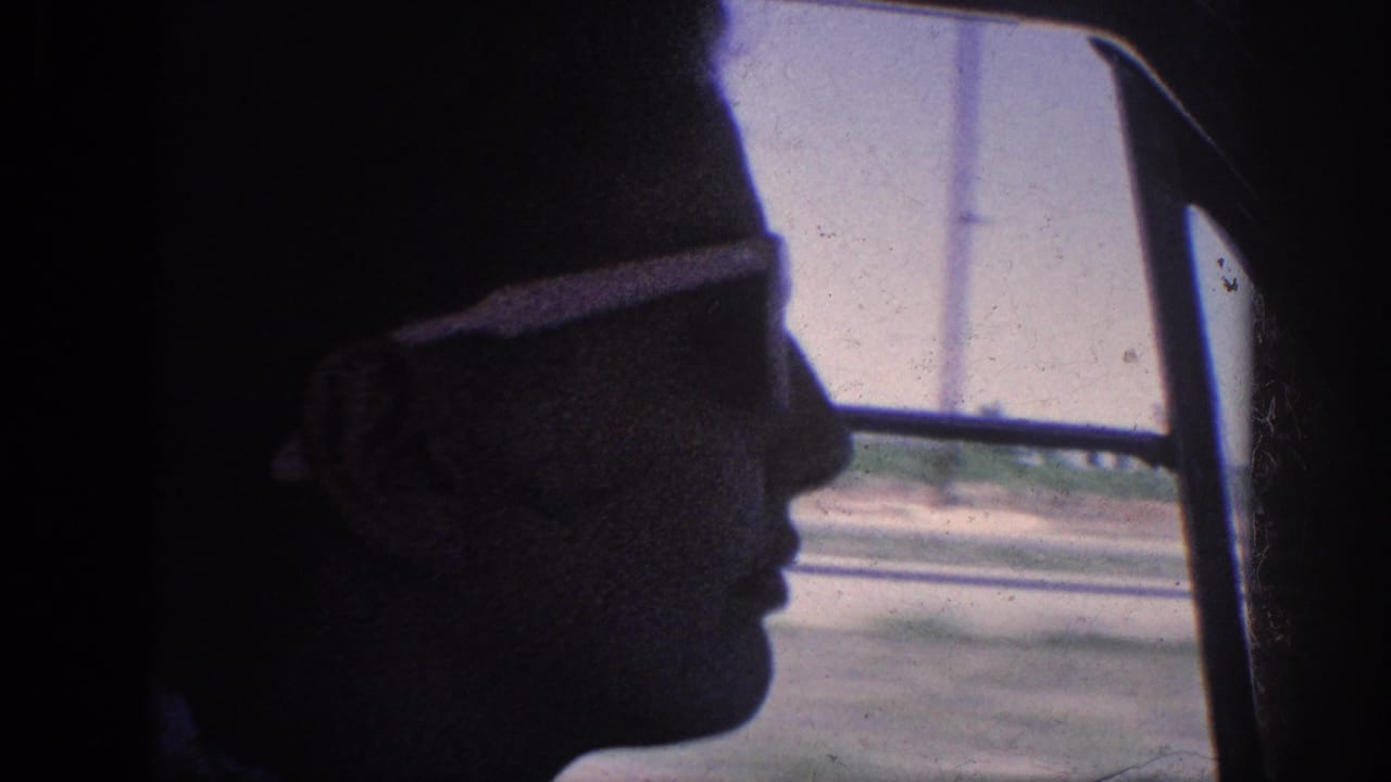 Person in close profile silhouette wearing sunglasses, filmed from inside a moving car against a bright window showing a flat rural landscape.