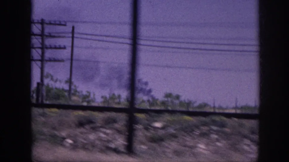 1963 8mm home movie: two wooden utility poles with cross-arms, faint distant smoke, motion-blurred roadside vegetation, purple-tinted sky, moving vehicle perspective.
