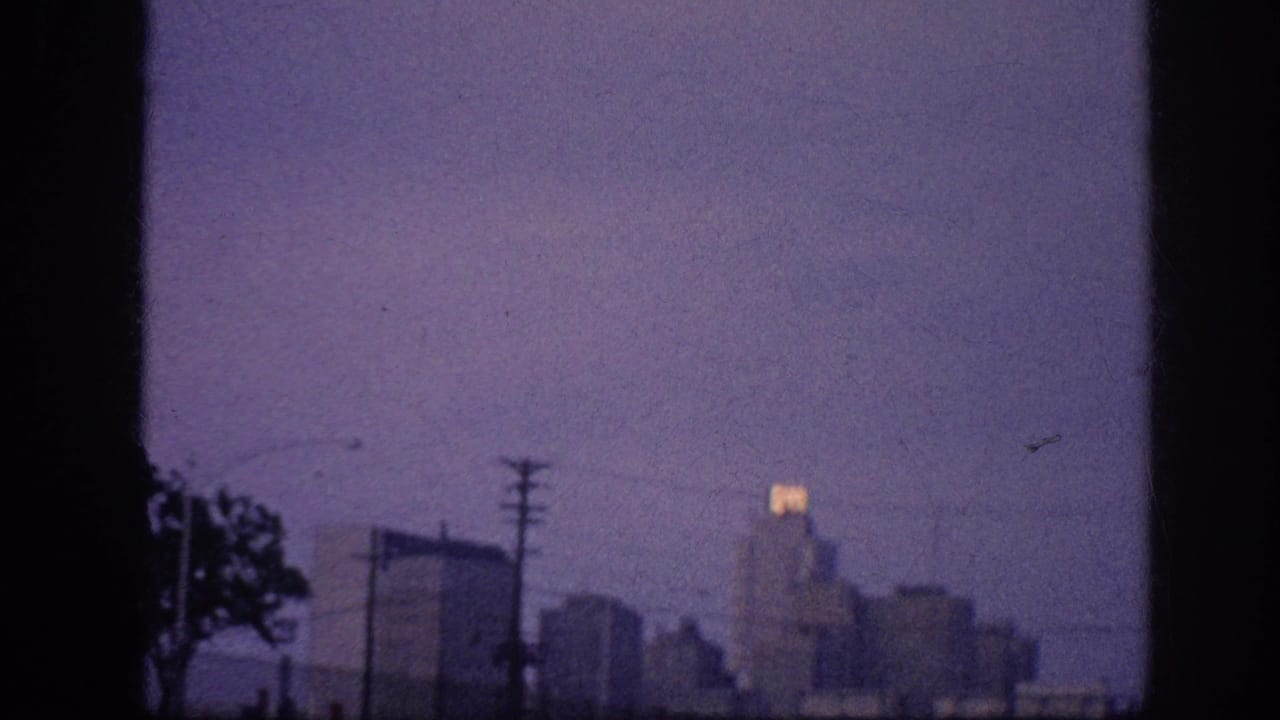 Silhouetted city skyline under a deep purple dusk sky with a tree at left, utility poles, crossing power lines, and one illuminated rooftop sign.