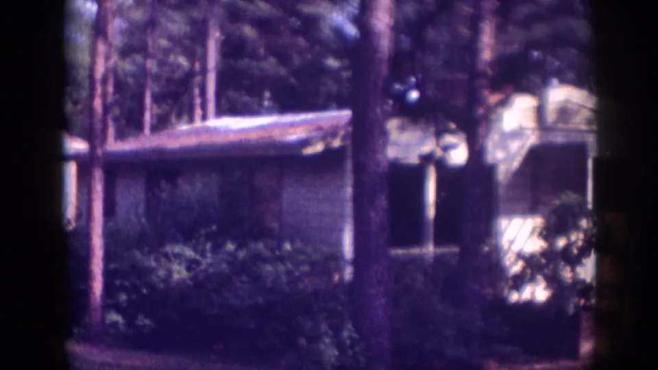 Pan reveals a covered structure beneath the pine canopy, possibly Memphis Tennessee circa 1963; two lens-flare artifacts visible on aged 8mm stock.