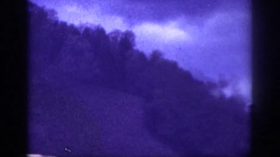 Handheld 8mm view of a wooded hillside, likely near Memphis, Tennessee, circa 1963, with severe blue-purple dye-shift from film aging.