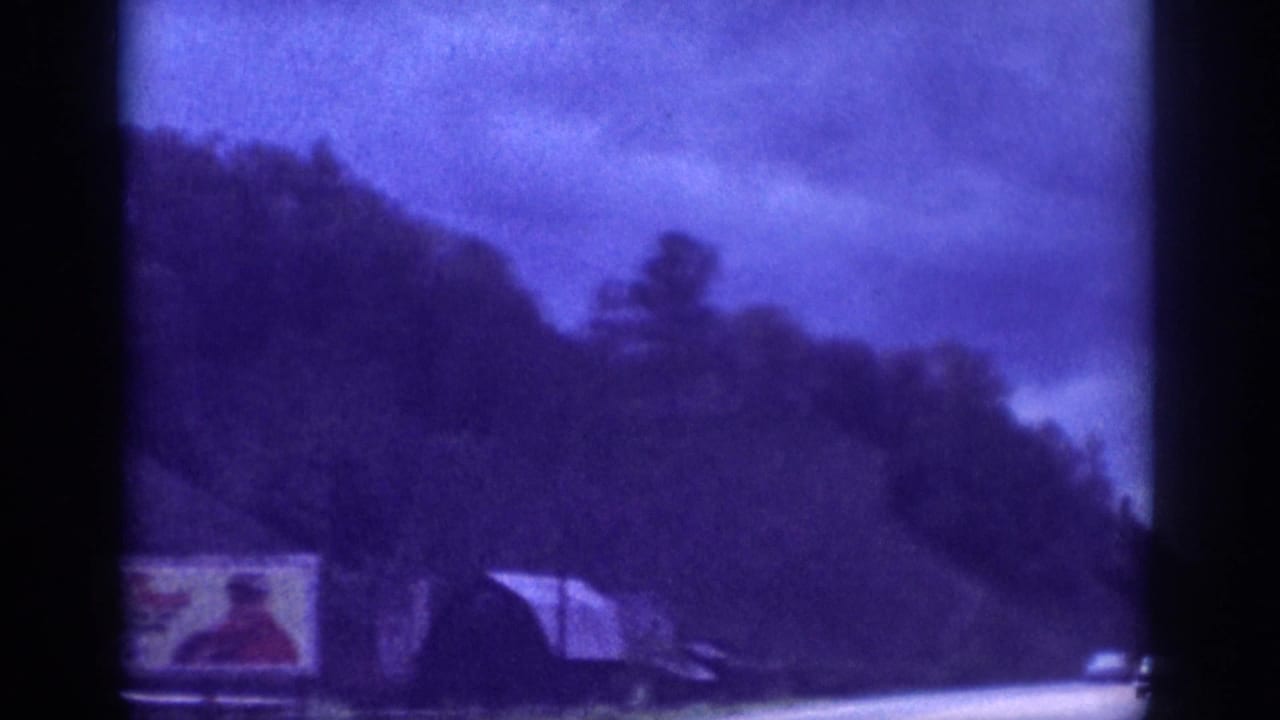 Purple-cast 8mm frame showing a colorful roadside billboard and dense forested hillside alongside a highway under overcast sky.