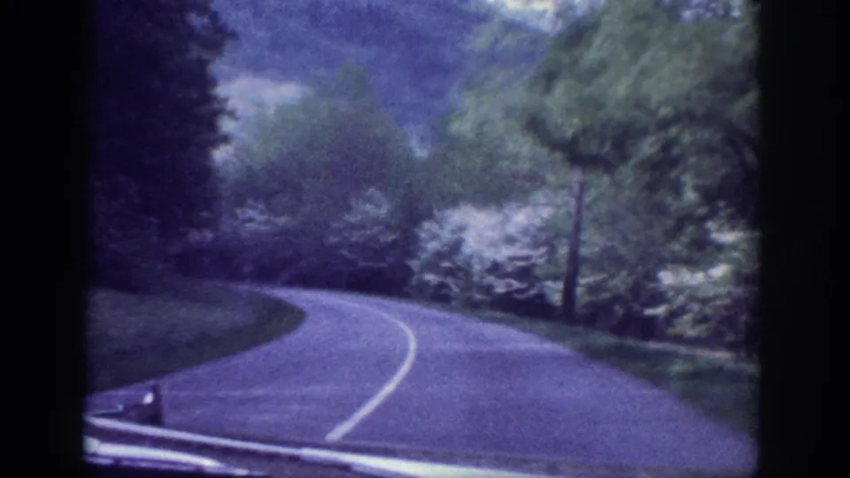 1963 8mm home movie view of a winding road through green foliage and white-blossoming roadside shrubs, possibly in Tennessee, with blue-purple color cast from aged film stock.