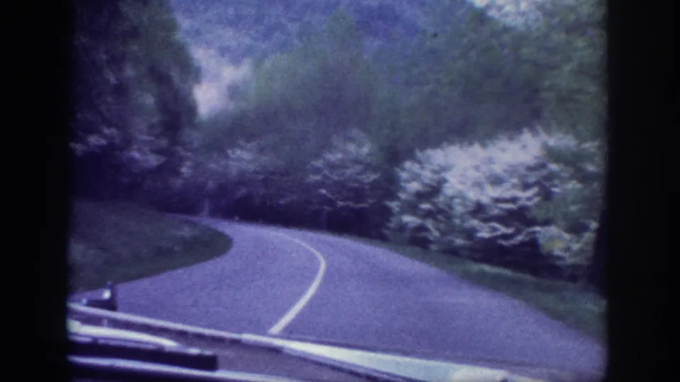 Mid-clip frame from a 1963 8mm home movie showing the same tree-lined winding road with white-blossoming shrubs and a low guardrail; blue-purple color shift typical of aged film stock.
