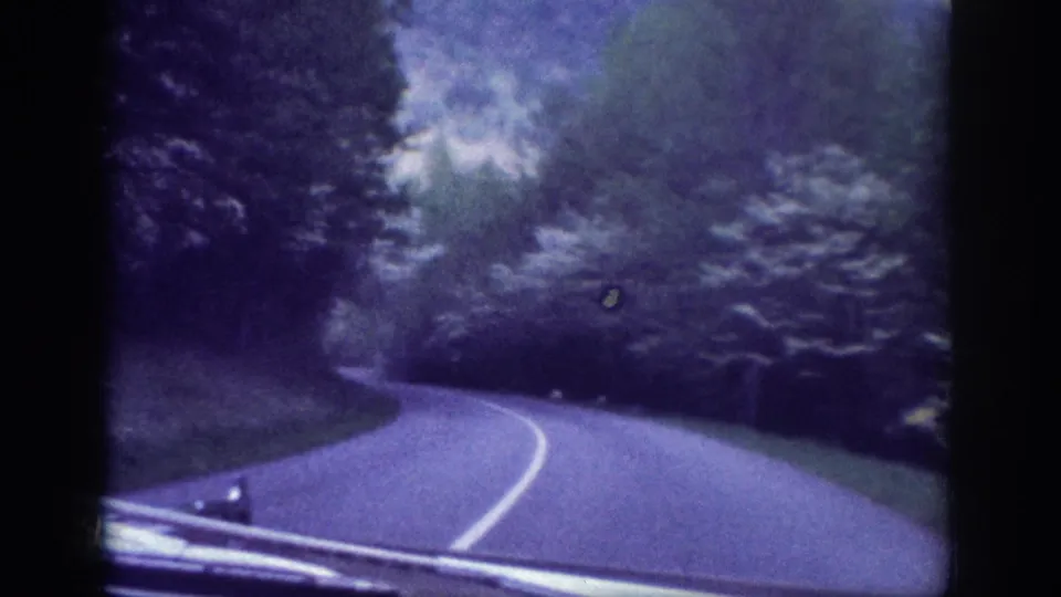 First-person view from a moving car on a winding forest road captured on 8mm film circa 1963 in the Memphis, Tennessee area, with characteristic purple-blue color shift.