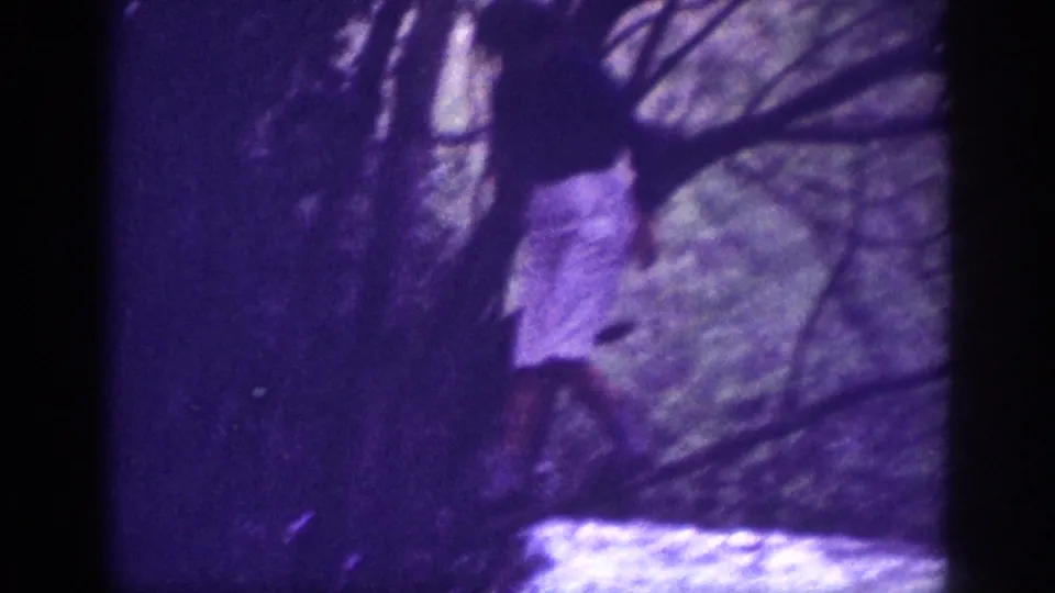 Purple-cast 8mm home movie frame circa 1963 showing a man in light shorts moving through bare tree branches above a river in the Memphis area.