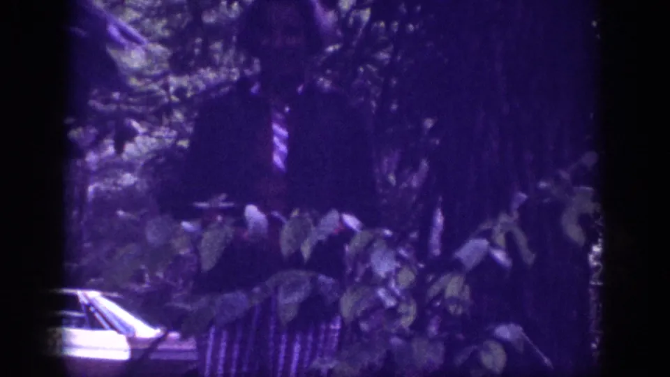 Wooded scene with dense foliage; what may be a woman in striped clothing partially visible amid leaves, with a car at the lower frame edge; 8mm home movie, Memphis Tennessee area circa 1963.