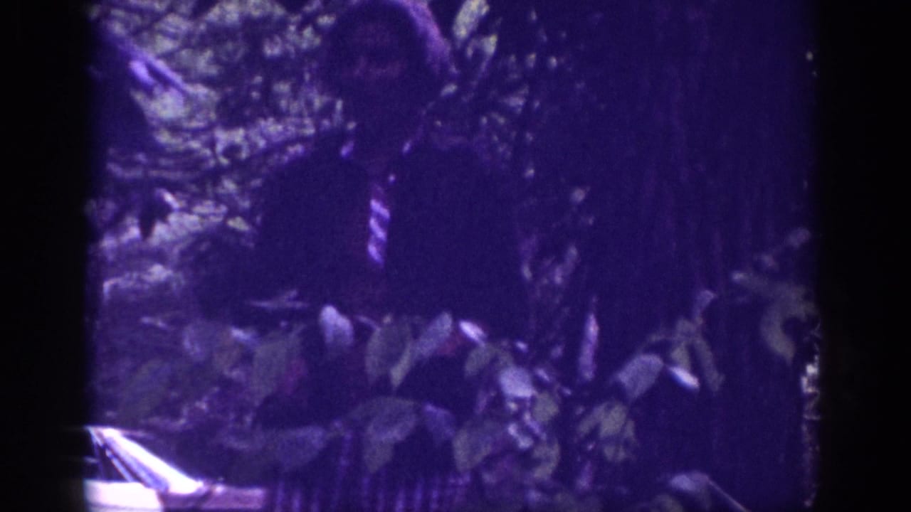 8mm home movie frame from a 1963 Tennessee roadside stop — dense foliage fills the foreground as a partial view of a 1960s American sedan appears at the lower edge, strong purple film cast.