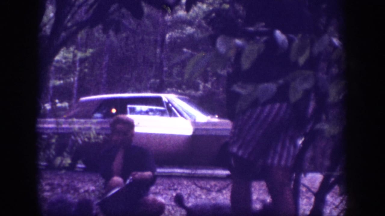 Large American sedan parked in a wooded area with a crouching adult near the car and a second figure visible at right, strong purple color cast.