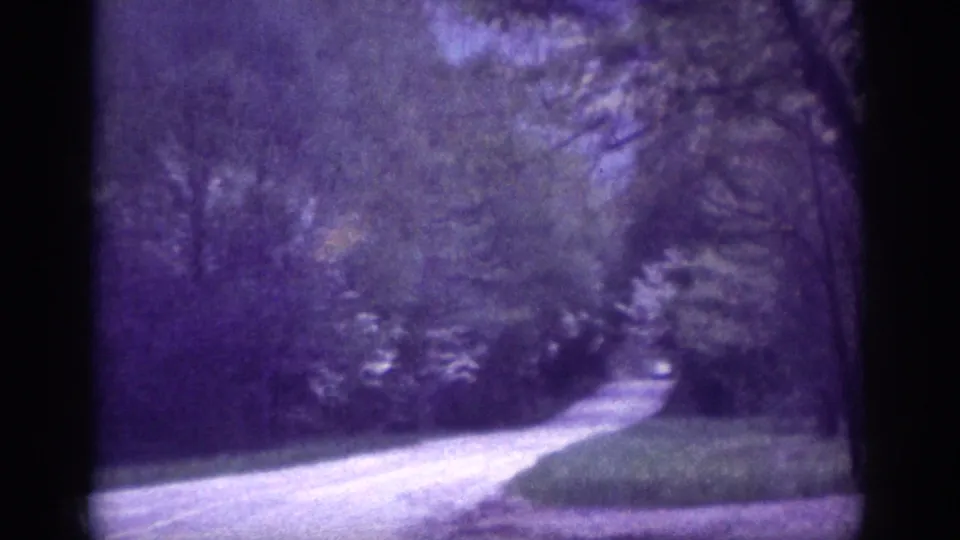 Winding road flanked by trees and grass verge on 8mm, circa 1963; warmer color tones emerge alongside the violet film shift, showing the curve ahead.