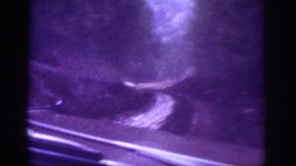 1963 8mm footage, third frame, lower POV with motion blur; dirt road curving left through violet-shifted woodland, chrome vehicle trim at bottom edge.