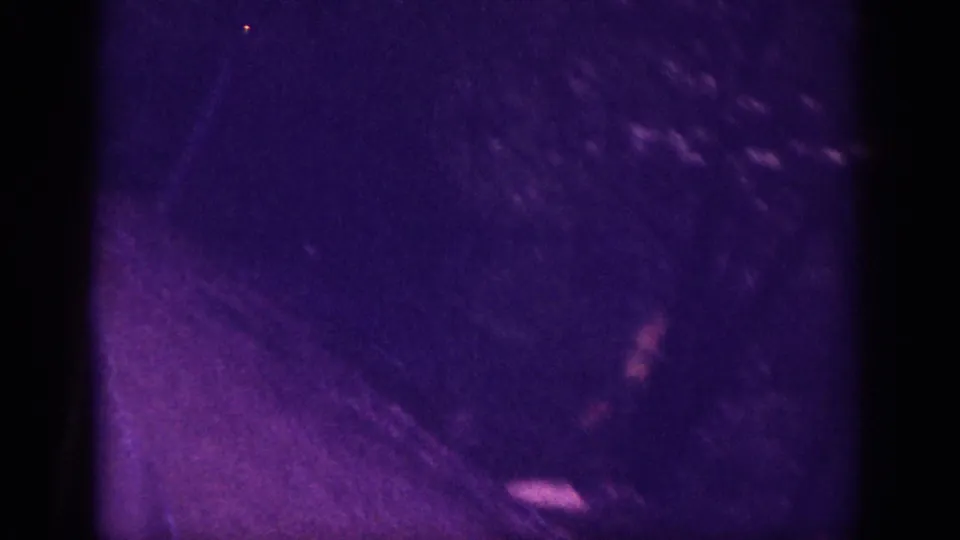 Severely underexposed frame from a 1963 8mm road-trip clip; purple-violet dye shift obscures most detail with only faint vegetation shapes at frame edges.