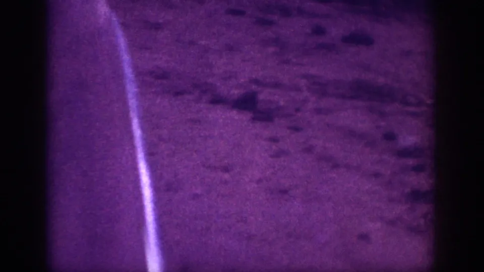 Opening frame of a 1963 8mm home movie attributed to Memphis, Tennessee; a vertical light flare and purple color cast dominate the dark nighttime exterior.