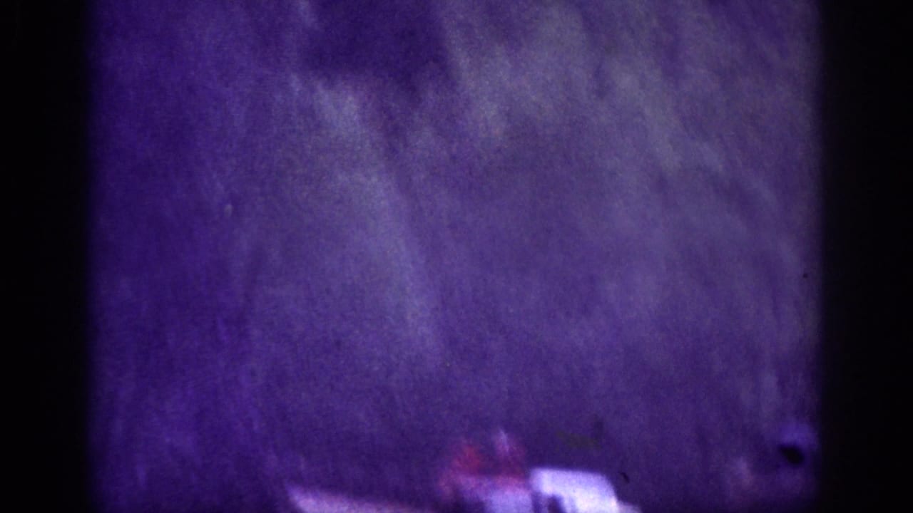 1963 8mm home movie: heavy purple colour cast over dense tree canopy with a blurred vehicle visible at frame bottom during a mountain road drive.