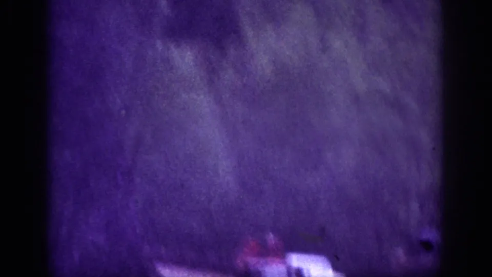 1963 8mm home movie: heavy purple colour cast over dense tree canopy with a blurred vehicle visible at frame bottom during a mountain road drive.