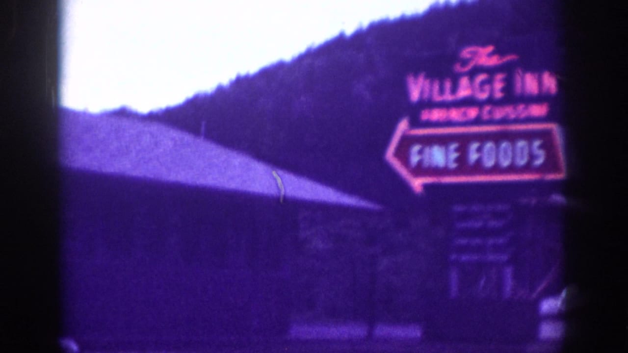 1963 Memphis-area roadside view with the Village Inn French cuisine and fine foods sign glowing near a low building, a car, and a dark wooded hillside.