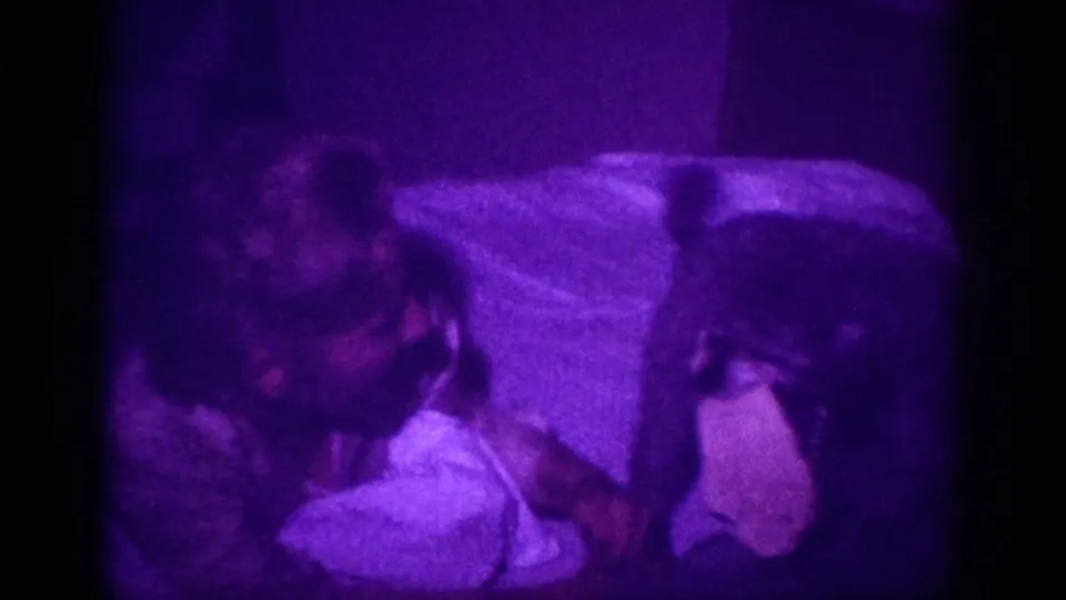 Person and dark-coated dog together on bed, white bedding prominent; purple color cast and coarse grain from 8mm home movie, Memphis circa 1963.