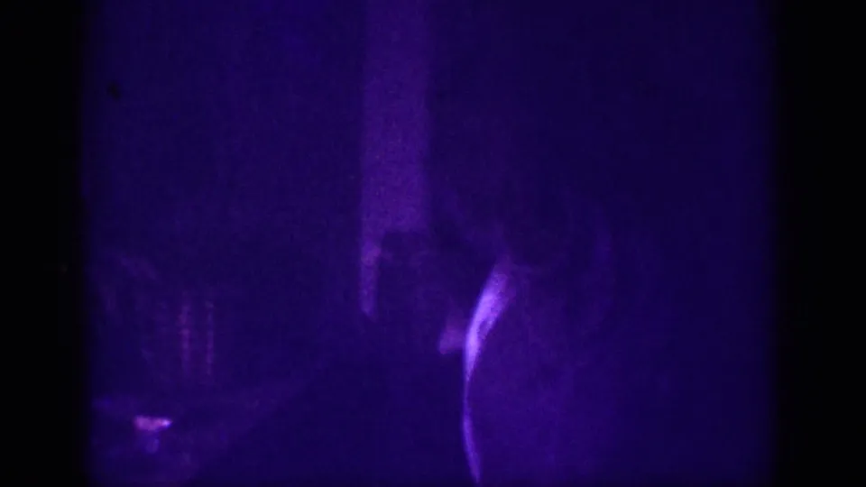 Woman's upper body in a purple-shifted 8mm interior frame; background objects faintly discernible on what may be a dressing surface, circa 1963 Memphis area.