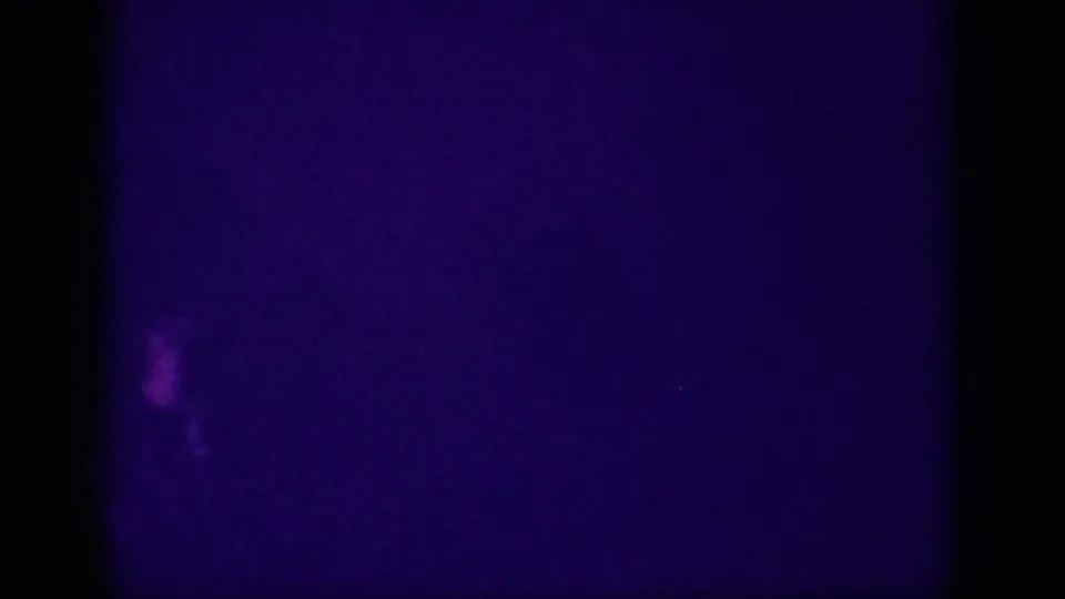 Single silhouetted person barely discernible in an extremely dark, purple-tinted interior, likely a club, in 8mm footage from Memphis, 1963.