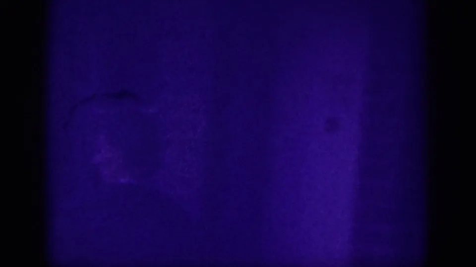 Final frame of a 1963 Memphis home-movie clip; near-black exposure with faint walking figure and structural edge, extensive 8mm dye loss throughout.