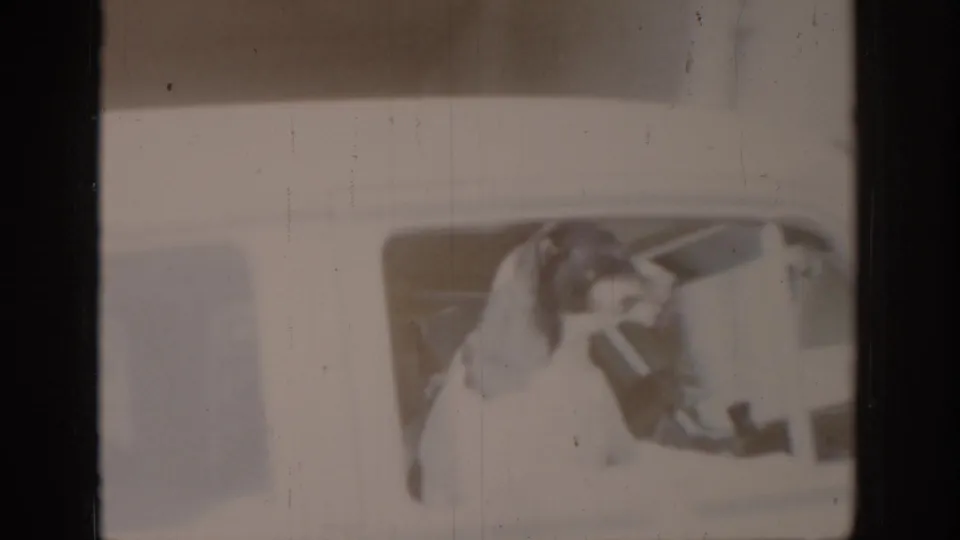 Heavily faded 8mm frame showing a light-colored dog looking through a vehicle window; emulsion fading obscures fine detail, circa 1965.