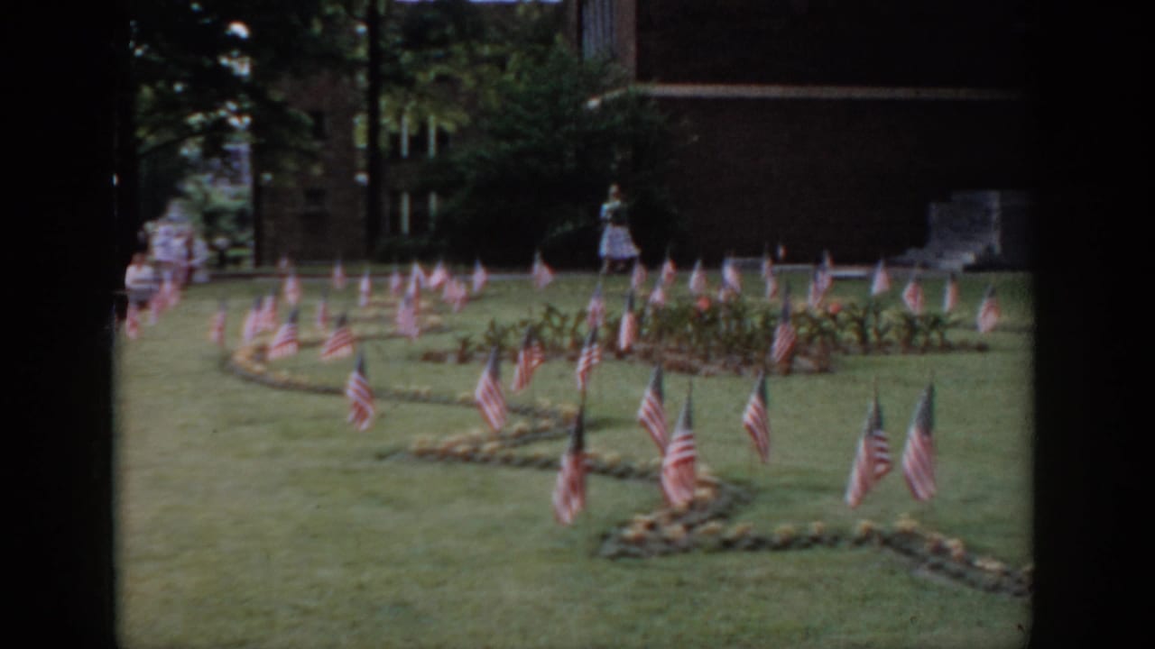 American flags in decorative curved rows on a lawn, woman in light dress visible in mid-background near a brick building.