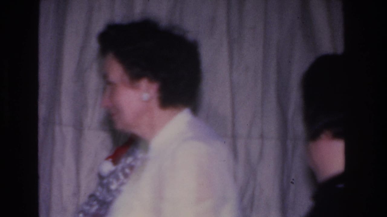 Woman in profile with short dark hair and pearl earring, wearing a cream blouse, smiling; gray fabric curtain behind.