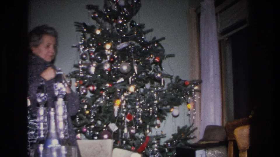 Two women stand near a decorated Christmas tree with colored ornaments and tinsel in what appears to be a 1966 Hoboken, New Jersey home.