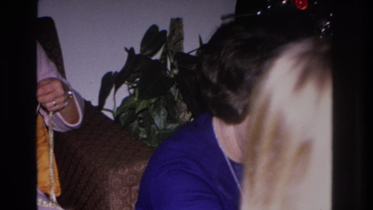 Back view of a woman in a blue sweater at what appears to be a 1966 indoor holiday gathering, with a large-leafed potted plant and orange upholstered furniture behind her.