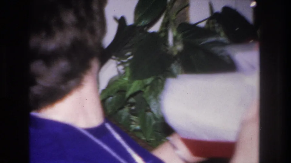 Close-framing centres on a large-leafed potted plant with the woman's dark hair and blue sweater at the left edge; motion blur indicates a panning camera move during the shot.