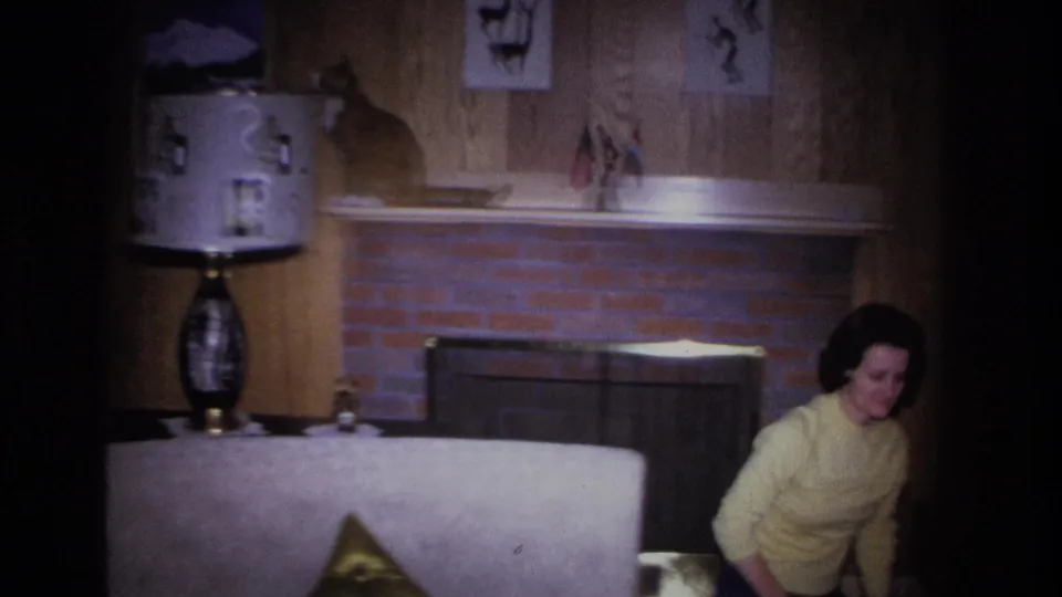 Woman with dark hair in a yellow sweater standing near a light upholstered sofa in what may be a 1960s Hoboken, New Jersey living room; brick fireplace and lamp in background.