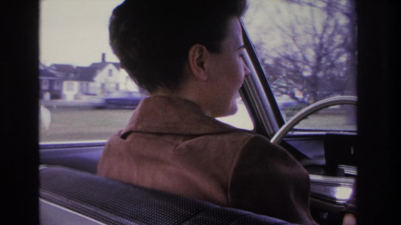 Rear view of a woman driving, identified as Hoboken, New Jersey, circa 1966; suburban houses and bare winter trees visible through the passenger-side window.