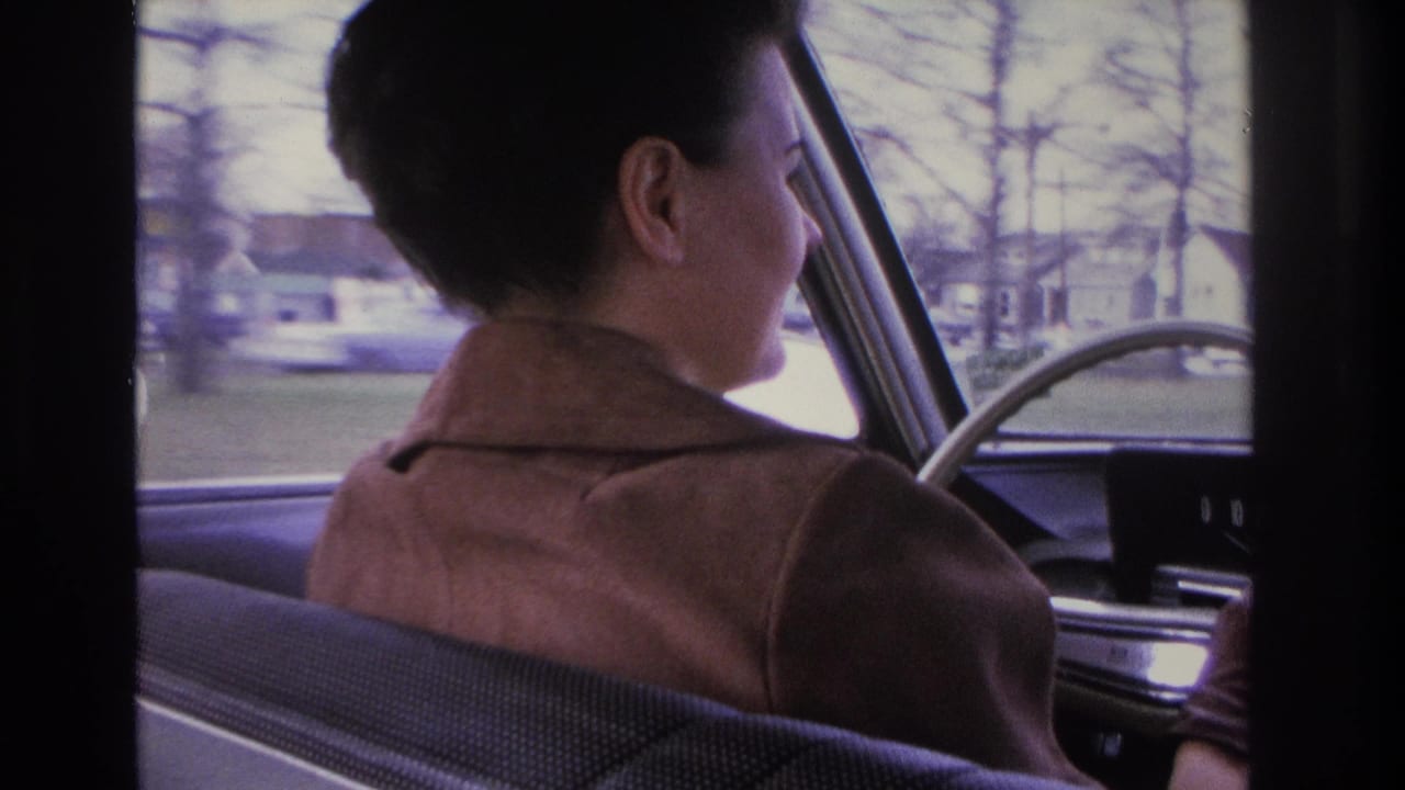 Same woman in brown coat at the wheel, rear three-quarter view; car door trim and window frame visible with suburban houses and utility poles beyond.