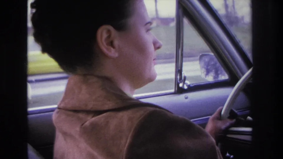 Clear profile of a dark-haired woman in a brown suede coat driving a mid-1960s automobile; blurred roadside scenery visible through the side window, circa 1966.