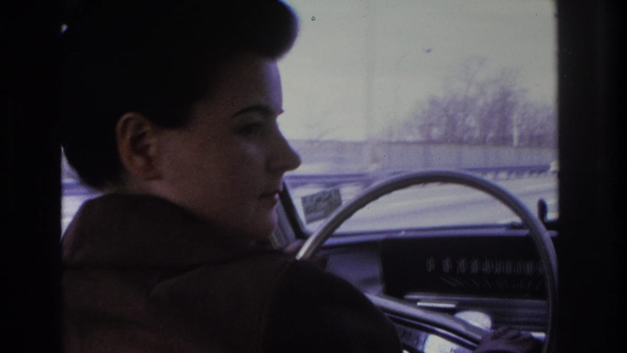 Three-quarter profile of dark-haired woman at steering wheel, dashboard visible, highway overpass in background.