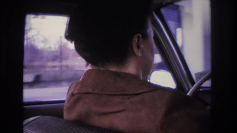 Closing frame of backseat 8mm driving sequence, woman at wheel with sparse bare trees through side window, Hoboken area, 1966.