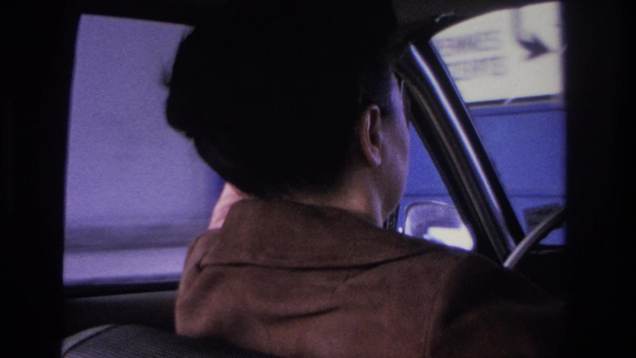 1966 8mm footage of a woman from behind in the driver's seat, dark hat and brown jacket, approaching a blue toll booth in the Hoboken, New Jersey area.